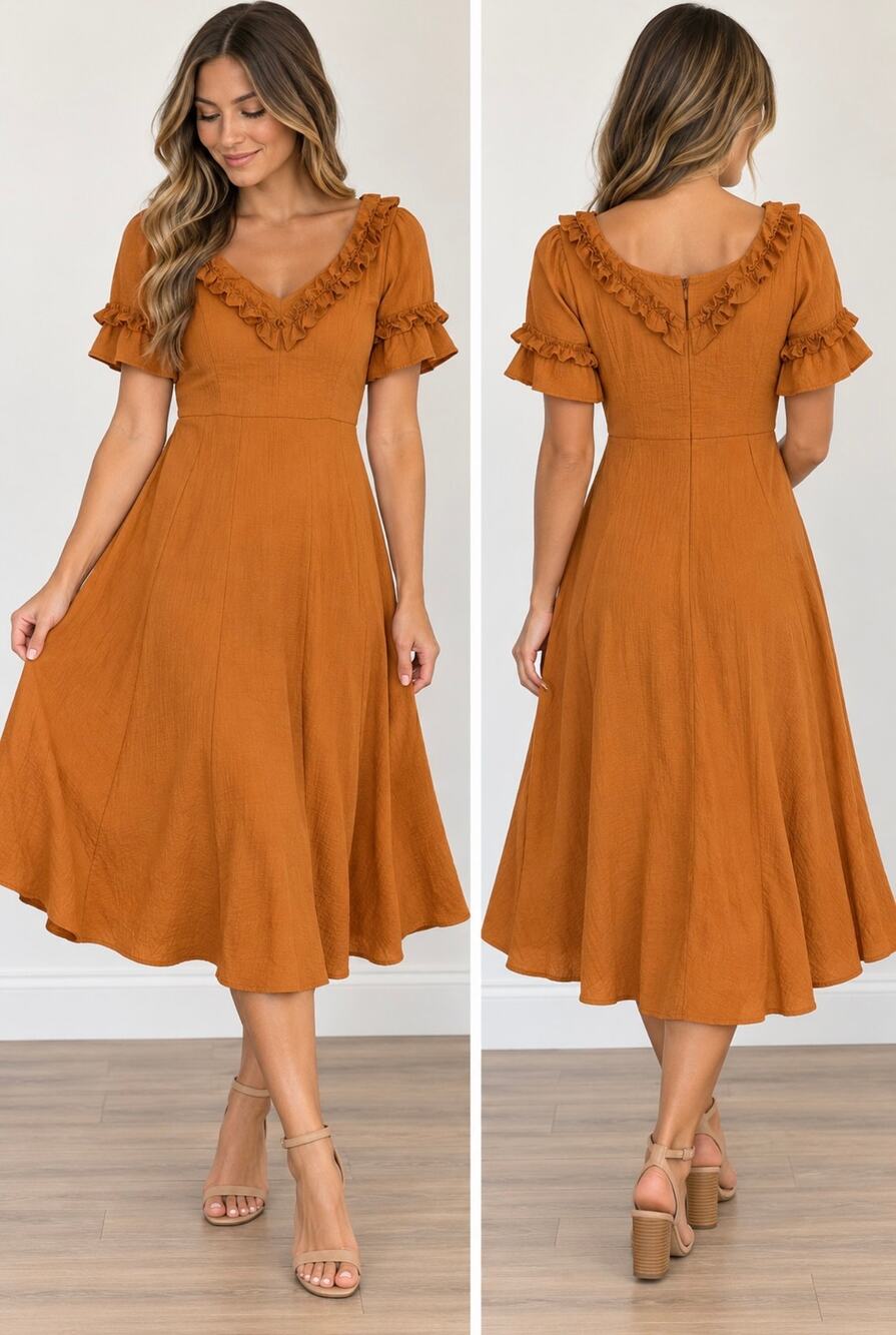 REDYAZEL Rust Orange Ruffle Midi Dress Puff Sleeve Fit & Flare size small
